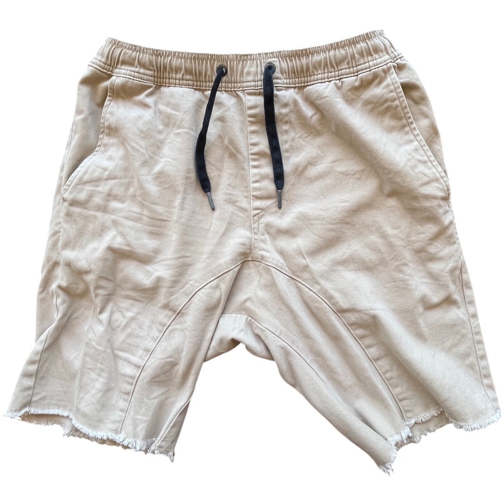 Zanerobe Sureshot Tan Khaki Drop Crotch Raw Hem Shorts Mens Size 32 Drawstring